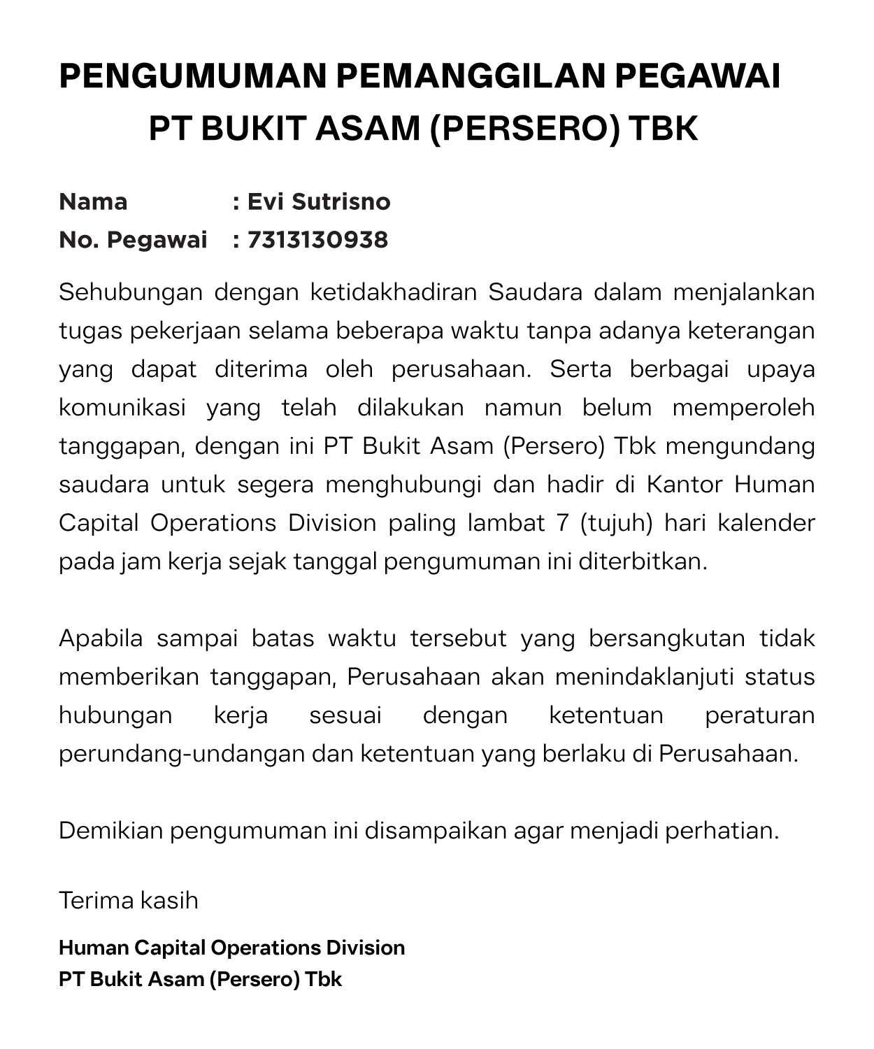 PENGUMUMAN PT BA 