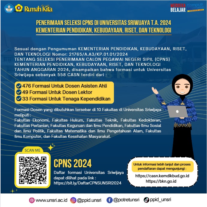 Pengumuman! Penerimaan Seleksi CPNS di Universitas Sriwijaya TA 2024 Kemendikbud Ristek 