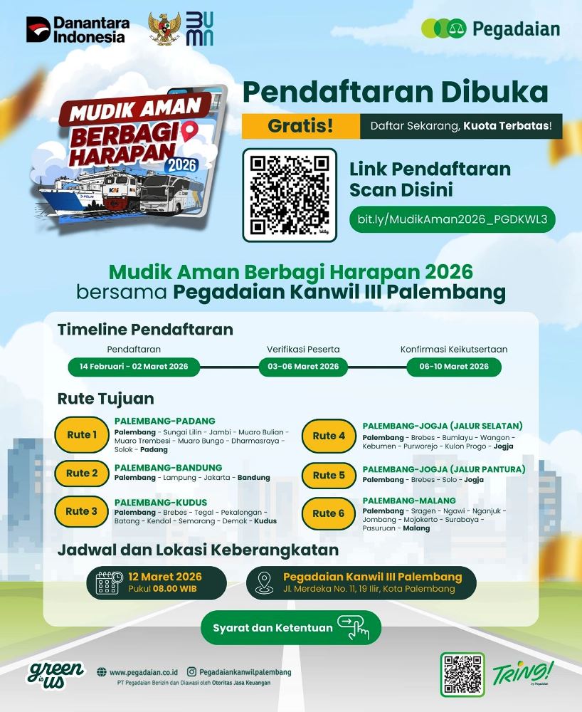 Pegadaian Kanwil III Sumbagsel Gelar Mudik Gratis, Kuota Terbatas