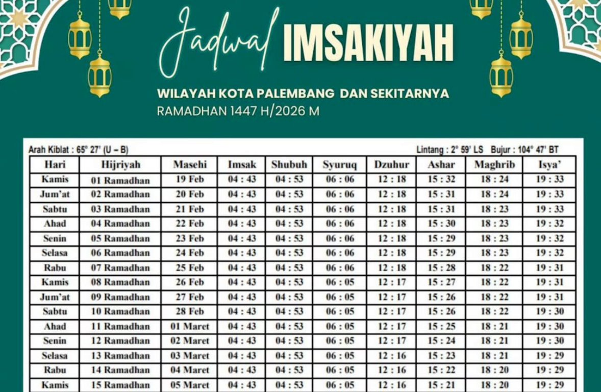 Jadwal Buka Puasa di Palembang dan Sekitarnya, Sabtu 21 Februari 2026