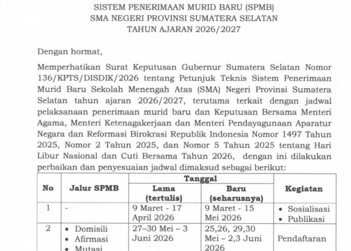 SPMB SMA Negeri Provinsi Sumsel Tahun 2026/2027 Dibuka Lebih Cepat, Cek Jadwal dan 4 Jalur Pendaftaran!